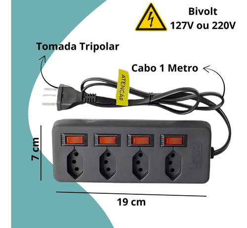 Protetor Elétrico Filtro De Linha 4 Tomadas Extensão Cabo 1m