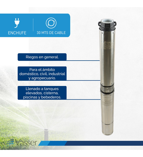 Imagen 3 de 12 de Bomba Sumergible Pozo Vasser Motorarg Bs4-100 Tab+30m Cable