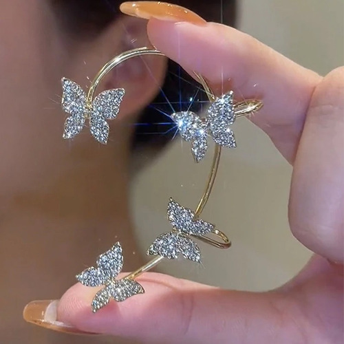 Imagen 4 de 8 de Arete Dorado O Plateado Ear Cuff Climber Mariposas Cristales