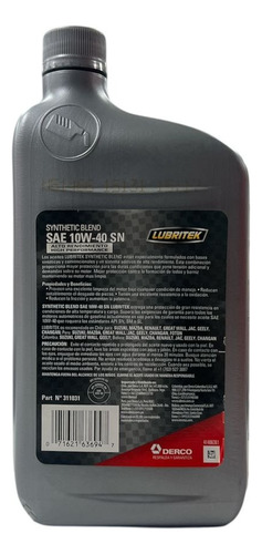Aceite 10w40 Lubritek 3. 784 Litros Sintetico
