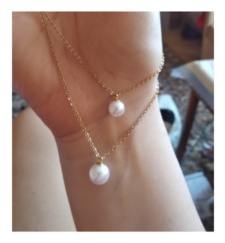 Imagen 3 de 3 de Collar Multicapa Mujer Doble Cadena Dije Perla Bolitas Acero