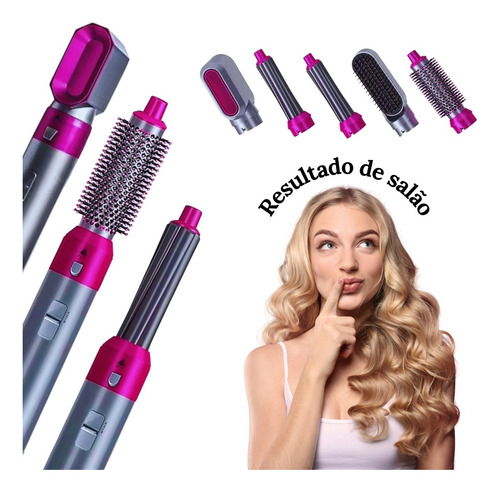 Escova Secadora 5 Em 1 Alisa Modela Seca Volume Íons Prata/rosa