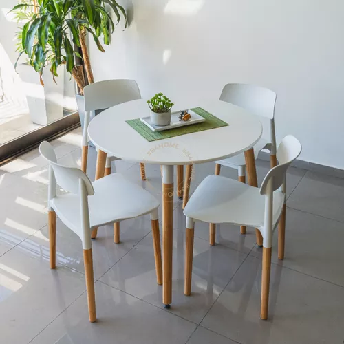 Mesa de cocina redonda de madera de 90 cm. blanca de estilo nórdico.