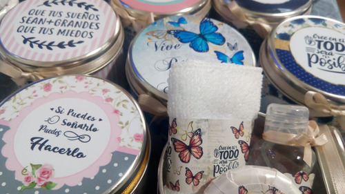 Souvenirs Set En Lata + Jabón +toalla + Crema Frases X 10