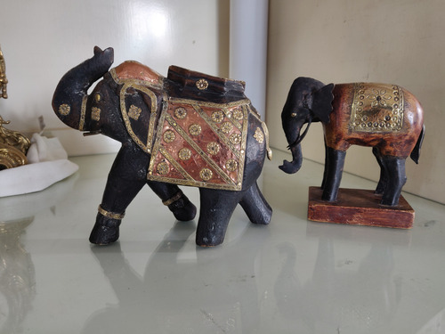 Antiguo Elefante De Madera Y Bronce Dorado (Usado)