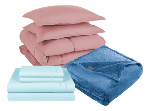 Pack Cobertor Rosa+sabana+frazada Azul King 3 Piezas 3angeli