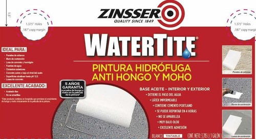 Imagen 2 de 6 de Pintura Hidrófuga Zinsser Anti Hongo Y Moho Blanca 3.785 Lt
