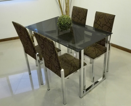 Juego Comedor Cromado 4 Sillas Mesa Vidrio 1,40x0,80 Moderno
