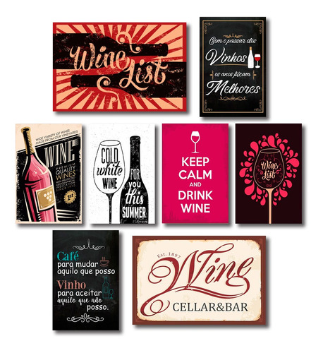 Kit 8 Placas Decorativas Vinho Wine Bebidas Mdf