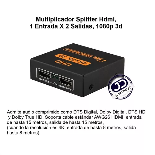 Multiplicador Splitter Hdmi, 1 Entrada X 2 Salidas, 1080p 3d