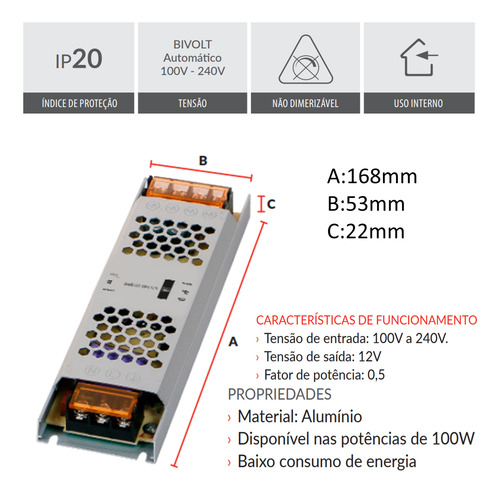 Kit 3 Fonte Driver 12v Max 100w 8,5a Bivolt Fita Led Perfil