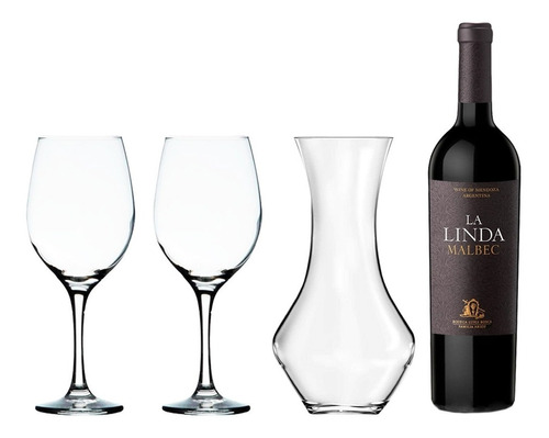 Set Vino La Linda Malbec + 2 Copas Barone 490ml + Decantador