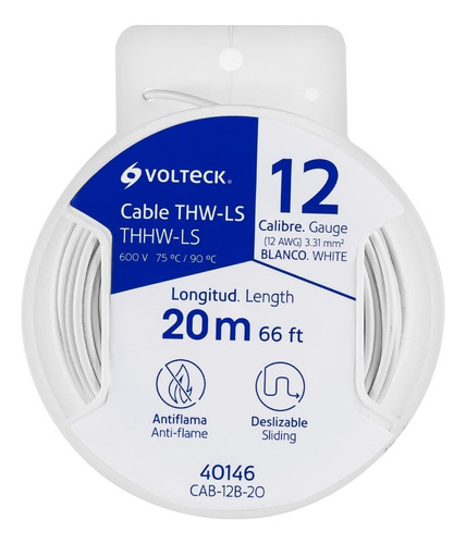 Carrete Con 20m De Cable Thhw-ls 12awg Blanco, Volteck 40146 Color de la cubierta Blanco