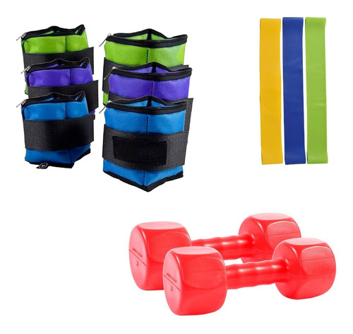 Imagen 1 de 6 de Kit Funcional Banda + 2 Tobillera 1kg + 2 Mancuerna 3kg Gym