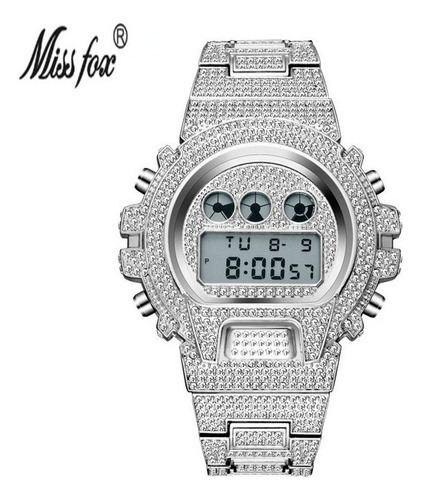 Reloj Missfox Digital Diamond de lujo a prueba de agua, correa plateada