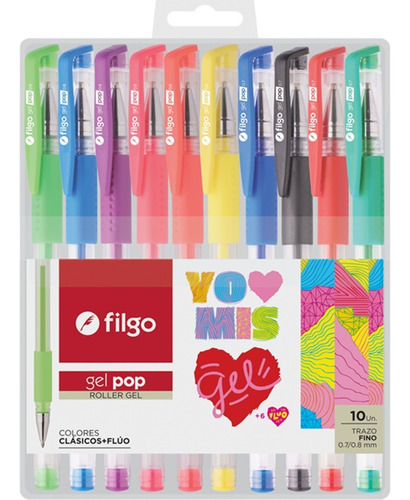 Lapicera Boligrafo Filgo Gel Pop X 10 Un 4 Classic + 6 Fluo