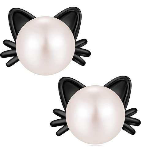 Bonitos Aretes Gato Para Mujer Plata 925 Con Perlas Agua Dul