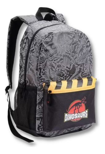 Mochila Juvenil Masculina Meninos Reforçada Dinossauro Cor Cinza Desenho Do Tecido Estampada