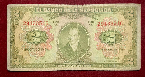 Billete 2 Pesos Oro Colombia 1955 Pick 390 D Torres American