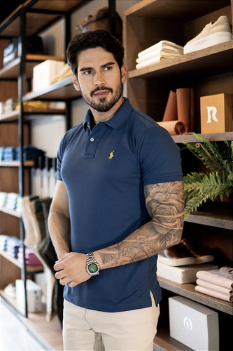 Camisa Polo Ralph Lauren Slim Masculino Algodão Piquet Azul