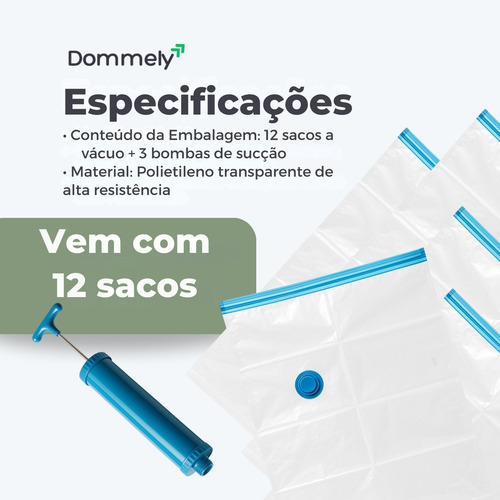 Kit 12x Saco À Vacuo Embalagem Organizador De Malas Viagem Roupas Edredom Reutilizável Dommely Tamanhos 5x 50x60 4x 60x80 3x 80x100