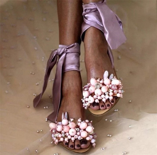 Sandalias De Playa De Tiras De Mujer Con Cuentas De Moda