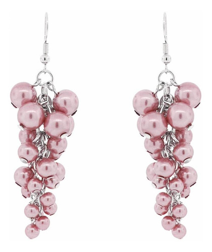 Brinco Prateado Cacho De Bolinhas Rosa