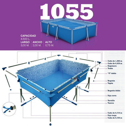 Imagen 2 de 4 de Pileta estructural rectangular Pelopincho 1055 con capacidad de 4500 litros de 3m de largo x 2m de ancho azul