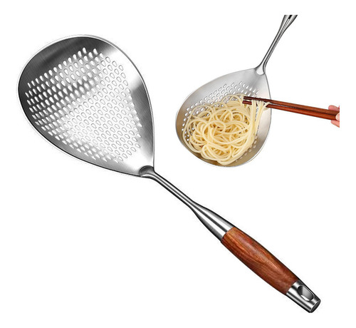 Cuchara Ranurada Colador De Metal Con Gancho Mango De Madera