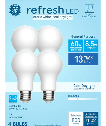 Ge Refresh - Bombilla Led Regulable Eq A19 De 60 Vatios (paq