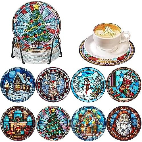 8pieces 5d Christmas Diamond Coasters,winter Diy Colour...