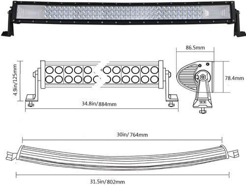 Barra Led 405w Curva 80cms 30000 Lms 12v 24v Led 7d