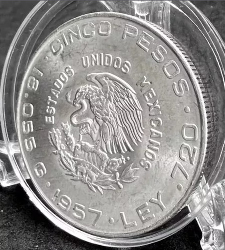 Moneda Plata 1957 Hidalgo Chico 5 Pesos Plata Ley 0720