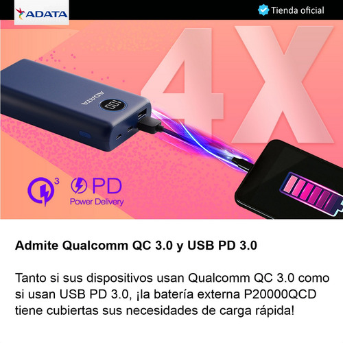 Imagen 4 de 10 de Adata P20000qcd Power Bank 20000mah Carga Rápida Qc/pd, Blan