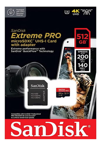 Sandisk Extreme Pro 512 Gb Con Adaptador Microsdxc 200 Mb A2