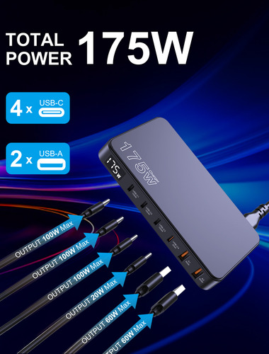 Carregador De Mesa 175w Turbo 4 Usb-c 2 Usb-a E 2 Cabos 100w