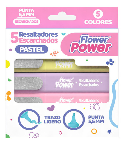 Resaltador Flower Power Escarchado Color Pastel X 5