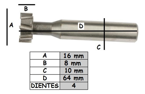 Fresa T-631 Metal Diámetro 16mm Alto 8mm Recta Fubral