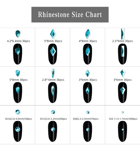 Madeshow Nail Art Rhinestone Kit, Crystal Flat Back Azul Rhinestones Múltiples Formas De Cristal De Uñas Gemas Ronda Diamante Rhinestones Para Las Uñas, Artesanía, Joyería