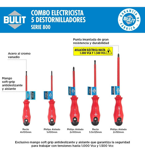Imagen 2 de 3 de Combo Bulit Electricista 5 Destornilladores Rectos Y Philips