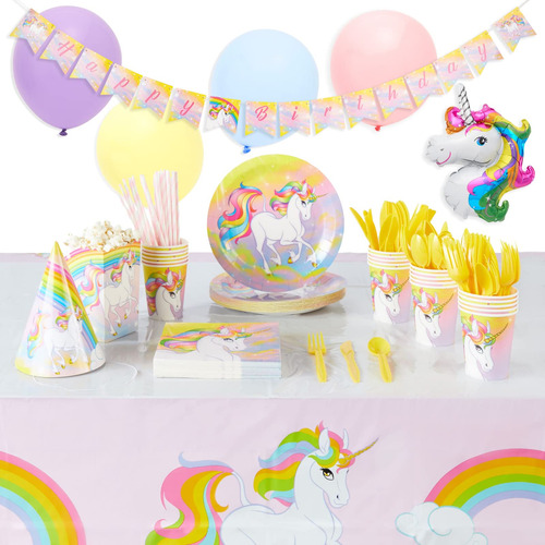 Unicorn Party Supplie Juego Vajilla Pancarta Mantel Caja 24