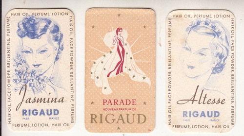 1937 Ephemera 3 Tarjetas De Perfumes Rigaud Francia Vintage 