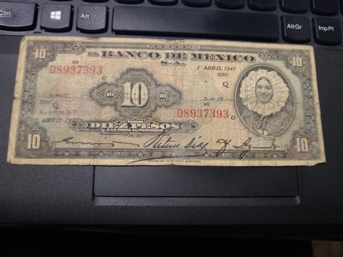 Billete 10 Pesos Tehuana, Año 1943, Serie Q (1 Letra)