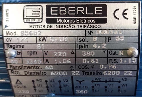 Motor Trifásico Ir3 1/4cv 220/380v B34d 2polos Eberle