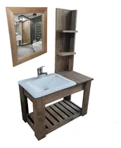 Comprar Mueble para baño DF Hogar Colgante con estantes + bacha + grifería + espejo de 70cm x 40cm x 37cm, con bacha color blanco y mueble nogal oscuro con un agujero para grifería
