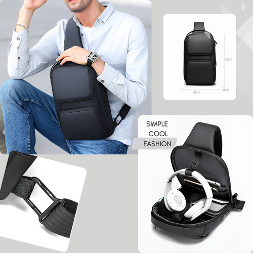 Bandolera Morral Multidivisoria Usb Impermeable Premium Negro Liso Níquel Negro
