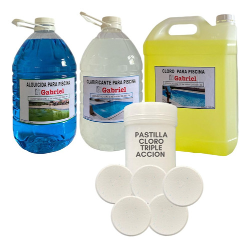 Pack Piscina Cloro, Alguicida, Clarificante, 5 Pastillas Tri