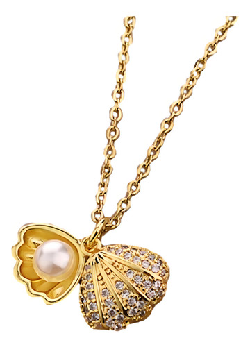 Collar Dije De Concha Con Perla Marina Ostra De Mar Con Piedra Preciosa Chapada En Oro De 18k Para Mujer Dama Elegante Color Dorado