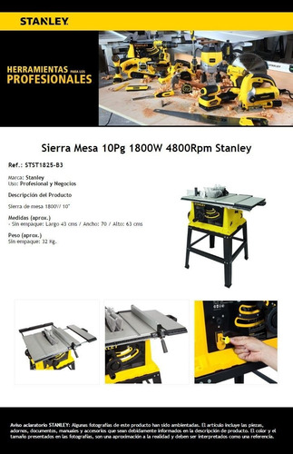 Sierra De Mesa Stanley 1800w Con Guias 10 - Ynter Industria