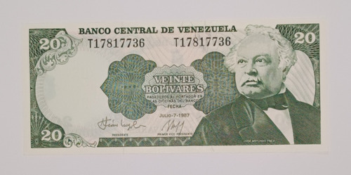 Billete De Venezuela 20 Bs Julio 7 1987 - Sin Circular - T8